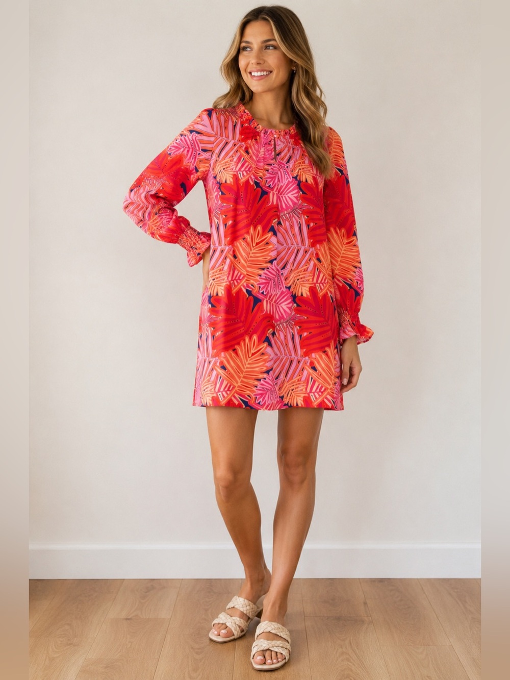 Michelle McDowell Tropical Palm Print Ruffle Shift Dress Pink Orange Medium